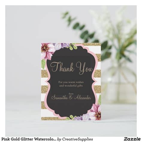 Pink Gold Glitter Watercolor Flower Thank You Card Zazzle