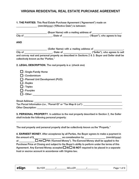 Free Virginia Residential Purchase And Sale Agreement Pdf Word