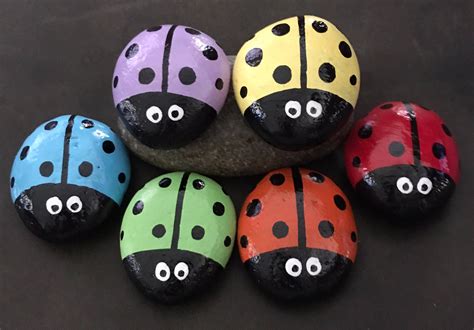 Set 6 Small Colorful Ladybug Garden Stonespainted Rocks Etsy