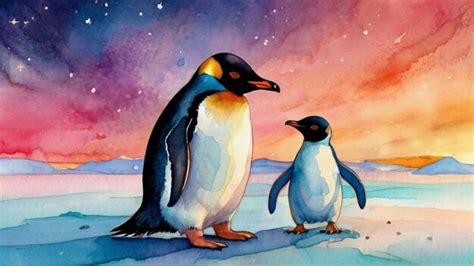 Premium Photo A Painting Of Two Penguins With A Purple Sky