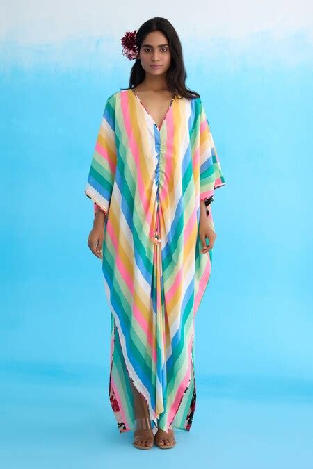 Buy Multi Color 100 Cotton Striped V Neck Rainbow Kaftan Dress For Women By Nikasha Online At