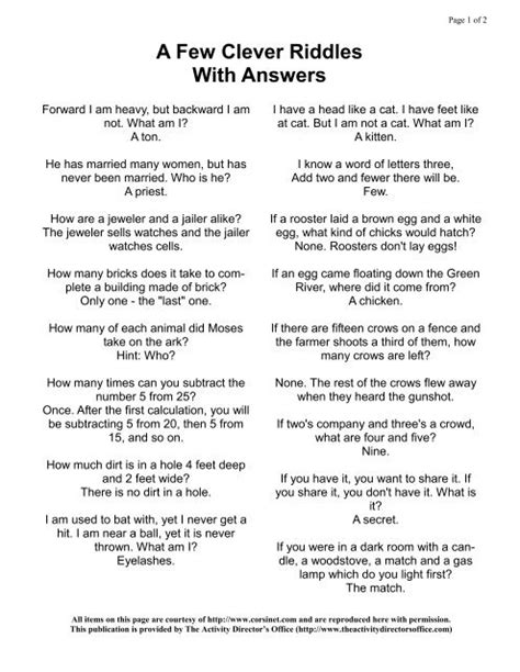 A Few Clever Riddles With the Answers - Activity Director's Office, The