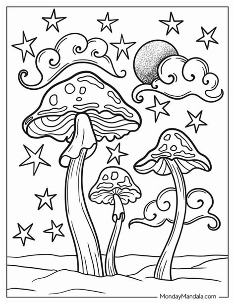 A Coloring Page With Two Mushrooms And Stars In The Sky One Is Black