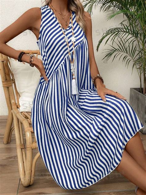 Shein Lune Sleeveless Striped A Line Dress With V Neck And Printed Hem