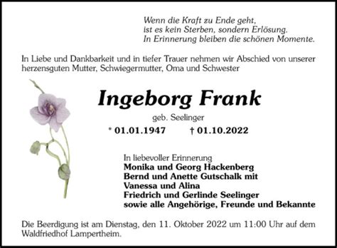 Traueranzeigen Von Ingeborg Frank Trauerportal Ihrer Tageszeitung