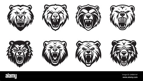 Bear Head Logo Set Sketch Hand Drawn In Doodle Style Vector