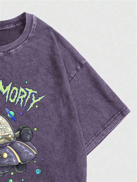 Rick And Morty Romwe Men S Cartoon And Letter Printed Round Neck T