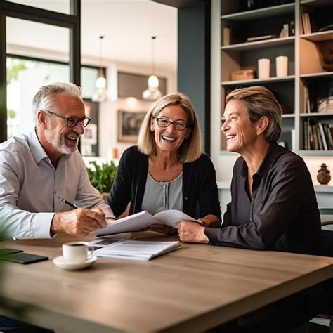 Smiling Mature Couple Discussing Over Documents With Real Estate Agent At Table Premium AI