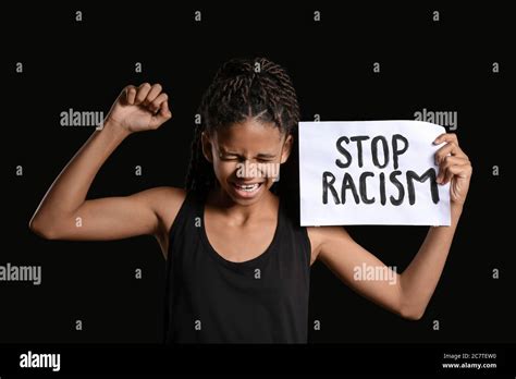 Stressed African American Girl With Poster On Dark Background Stop