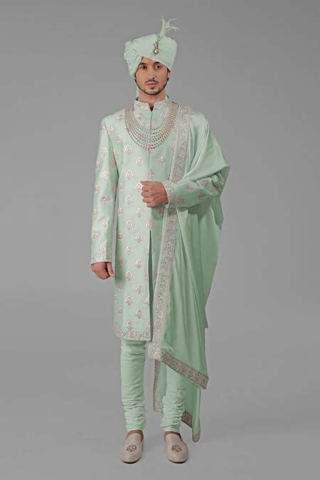 Buy Green Silk Embroidered Floral Sherwani Set For Men By Talking