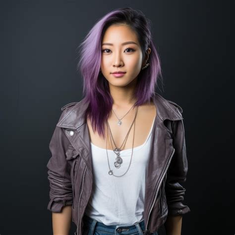 Premium Photo Beautiful Young Asian Woman With Purple Hair Wearing A