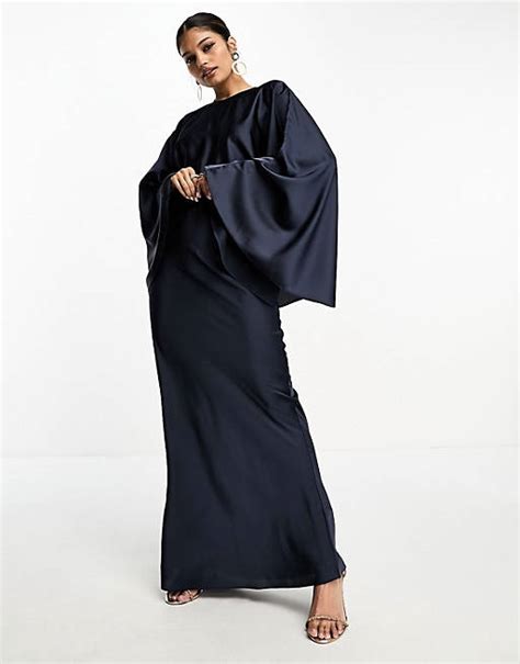 Asos Design Satin Batwing Bias Waisted Maxi Dress In Navy Asos