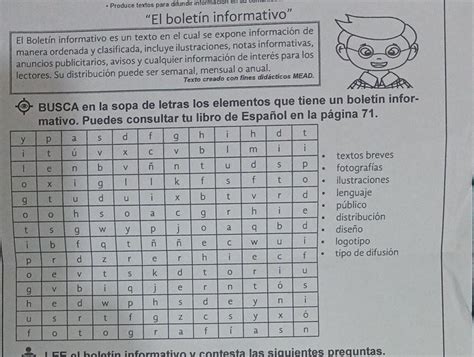 el Boletín informativo busca en la sopa de letras los elementos que