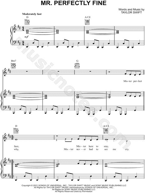 Taylor Swift Mr Perfectly Fine Sheet Music In D Major Transposable