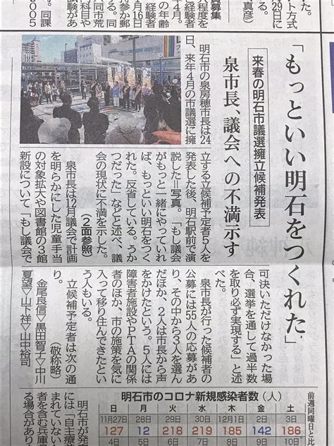 明石市長 泉 房穂（いずみ ふさほ） On Twitter 今朝の神戸新聞で、昨日の第一次発表と、その後の街頭演説の様子が報じられている