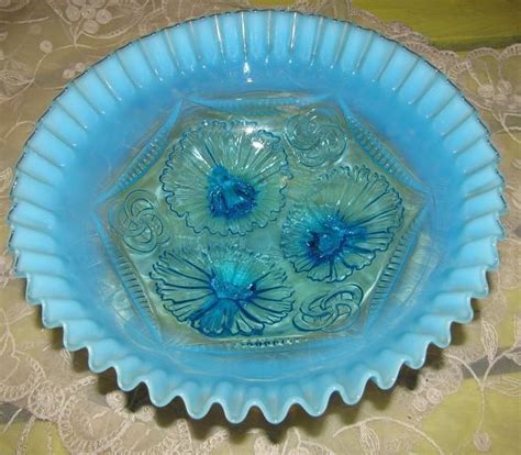 Eapg Blue Opalescent Ruffles Rings Jefferson Northwood Footed Bowl