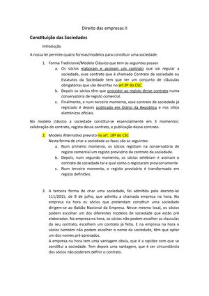 Resumos DE II 1ª matéria Direito das empresas II Sociedades