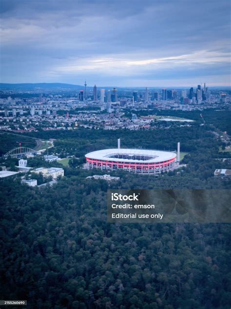 Aerial Of Football Stadium In Frankfurt Infront Of The Skyline Its A ...