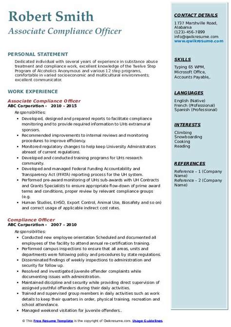 Compliance Officer Resume Samples Qwikresume