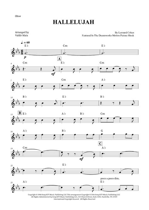 Hallelujah Arr Valdir Maia By Andrea Bocelli Sheet Music For Oboe