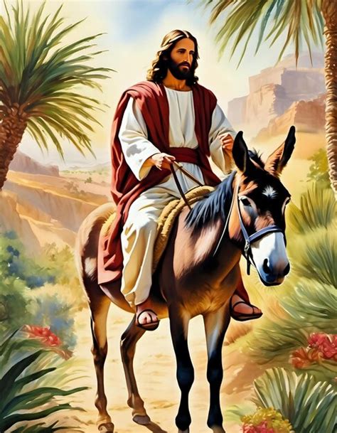 Premium Photo | A watercolor painting of Jesus riding a donkey on Palm ...