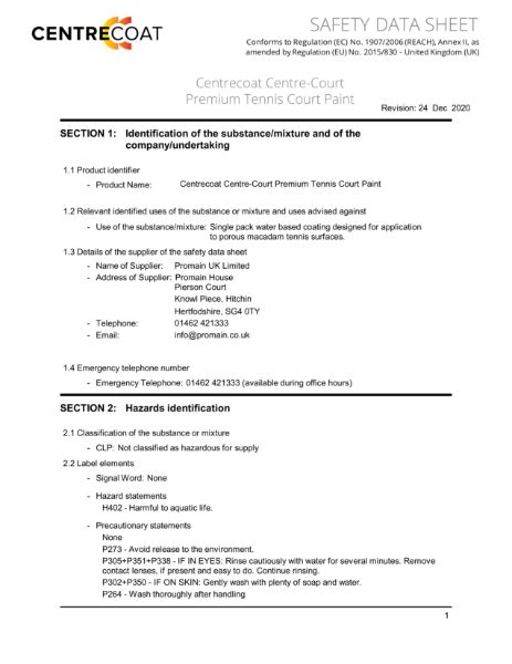 Centrecoat Centre Court Premium Tennis Court Paint Safety Data Sheet Promain Uk Ltd Nbs Source
