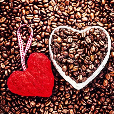 Love Coffee At Valentines Day Roasted Coffee Beans With Red He Stock