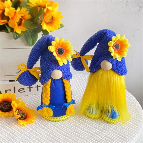 Hevirgo Sunflower Gnome Plush Doll Free Standing Blue Long Hat Yellow