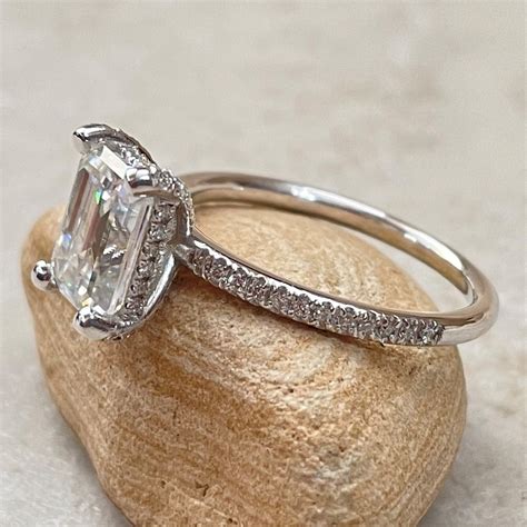 Emerald Cut Moissanite Ring With Diamond Prongs Shank And Side Halo