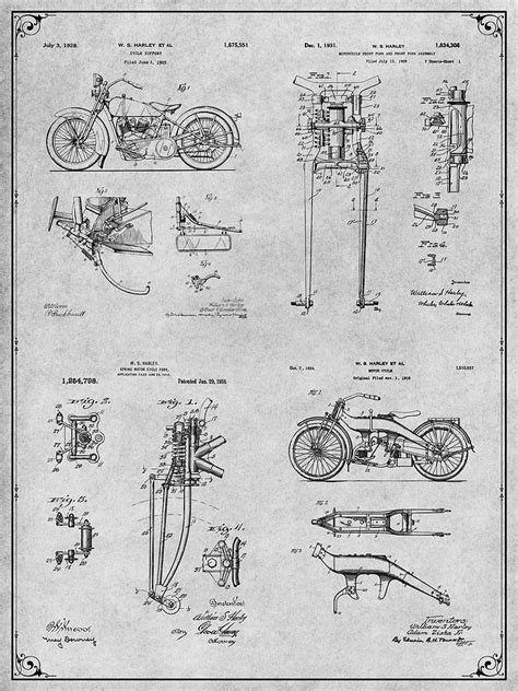 Harley Davidson Motorcycle Set Gray Patent Print Drawing By Greg Edwards