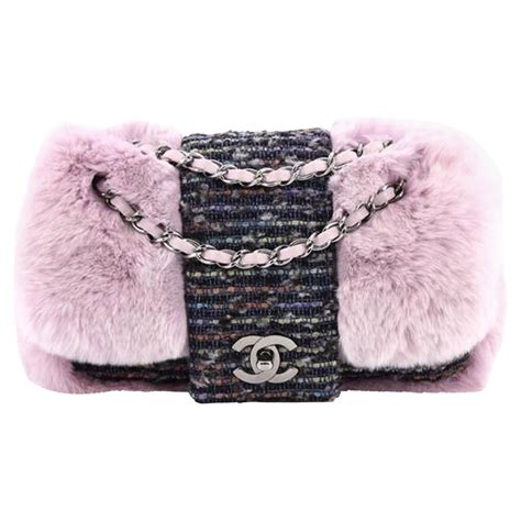 Chanel 2005 Vintage Rare Barbie Pink Fur Grey Tweed Cross Body Classic