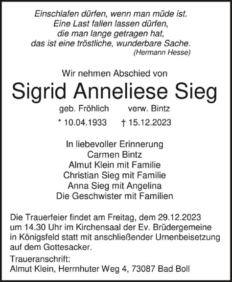 Traueranzeigen Von Sigrid Anneliese Sieg Schwaebische De Trauerportal