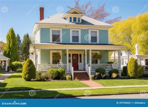 A Two Story Colonial Revival Home With A Gambrel Roof Captured From The