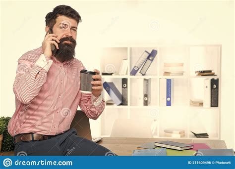 Mobile Phone Connection Bearded Man Talk On Phone Drinking Coffee Get