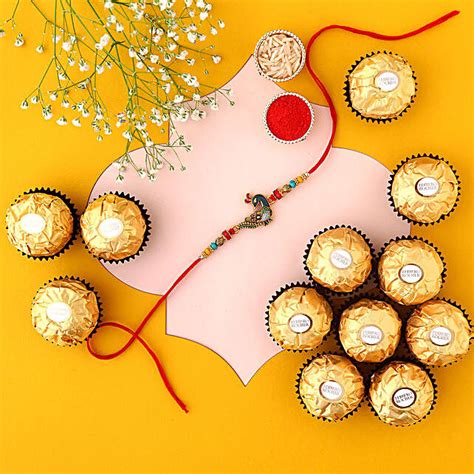 Sneh Elegant Peacock Rakhi Ferrero Rocher Box Exp Uk Gift Sneh