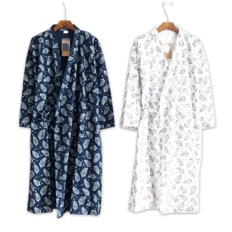 Mens Sexy Leaves Print 100 Cotton Kimono Robe Spring Simple Bathrobes