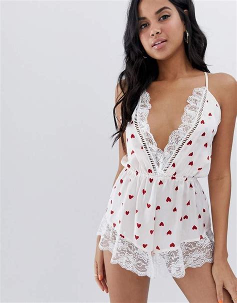 Missguided Valentines Satin Teddy With Heart Print In White Women Nightwear Lingerie Sleepwear