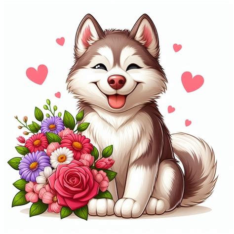 Premium Vector Cute Siberian Husky Dog And Flowers Vector Cartoon