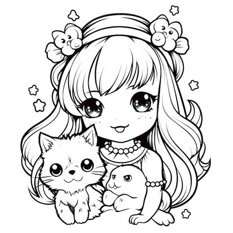 Dibujo Para Colorear Niña Con Un Perro Un Gato Y Una Gallina Lindo Kawaii Foto Premium