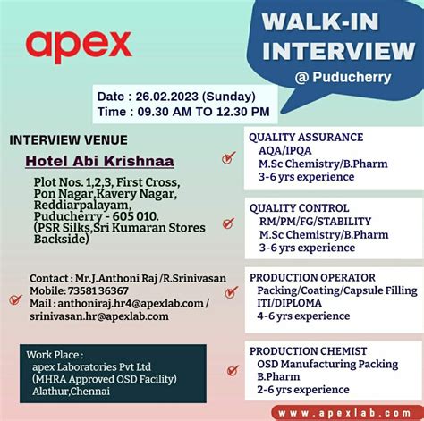 Apex Laboratories Pvt Ltd Walk In Interviews For Production Qa