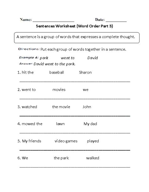 Sentences Worksheets Simple Sentences Worksheets