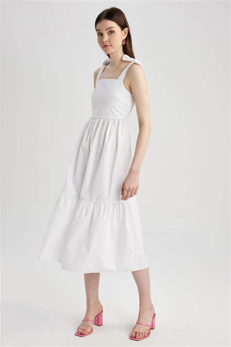 White Woman Square Collar Poplin Midi Dress Defacto