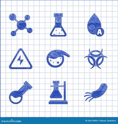 Set Test Tube And Flask Chemical On Stand Bacteria Biohazard Symbol