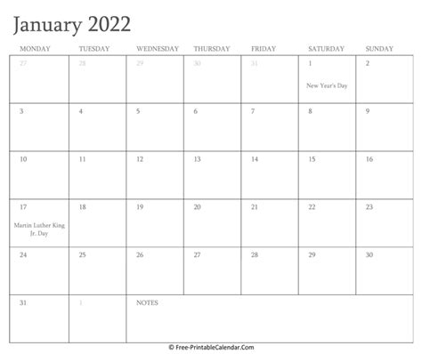 Printable January Calendar With Holidays