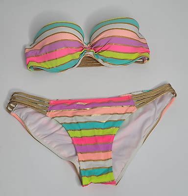 Victorias Secret Strapless Rainbow Gold Bandeau Bikini Top D Bottom