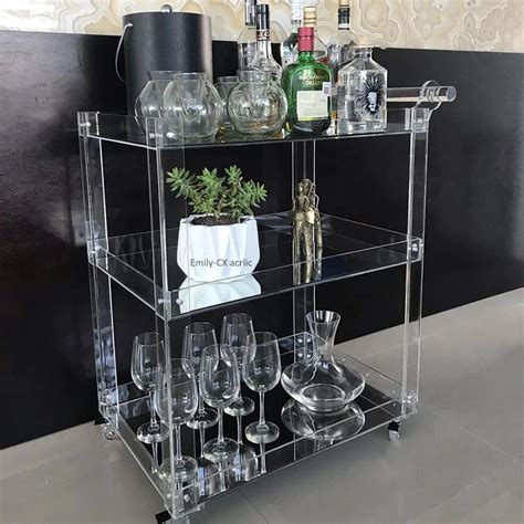 2022 Easy Assembly Hotel Furniture Clear Acrylic Bar Cart 3 Shelves