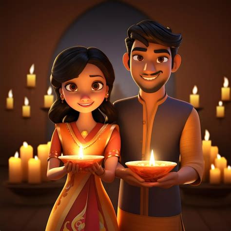 Indian 3d Couples With Diya Diwali And Karwa Chauth Design Style Premium Ai Generated Image