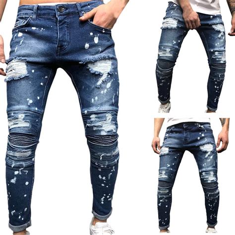 Men Skinny Jeans Rip Slim Fit Stretch Denim Distress Frayed Biker