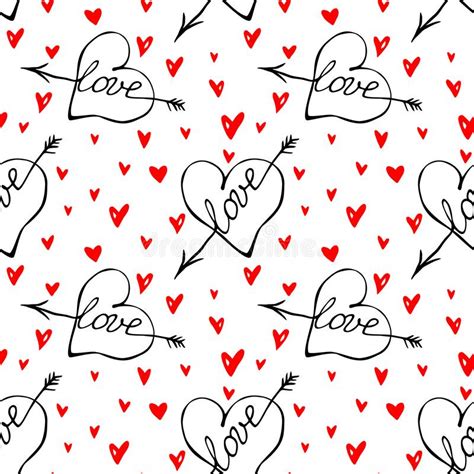 Vector Seamless Pattern Of Red Hearts With An Arrow And Lettering Love