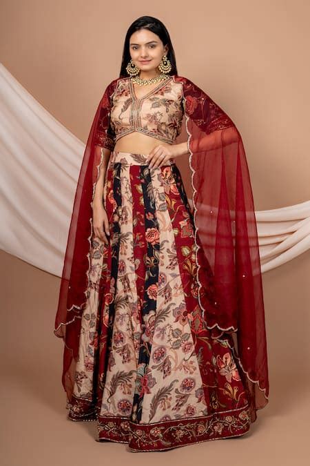 Buy Multi Color Raw Silk Print Gul And Embroidered Kalidar Lehenga Set For Women By Saangi By